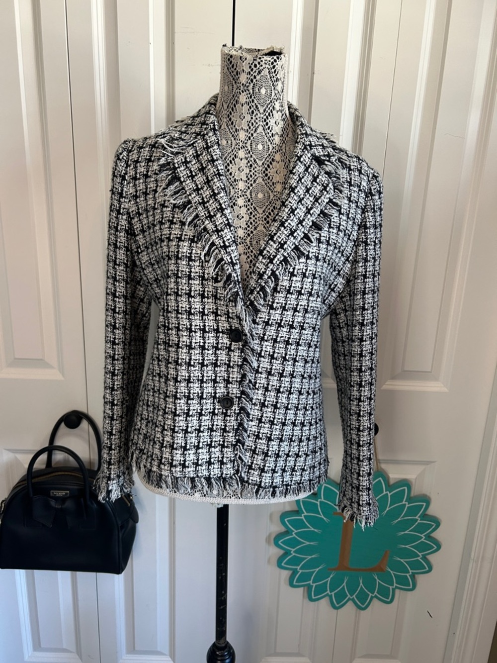 Stunning Cleo, black and white Tweed jacket with fringe trim size 10
